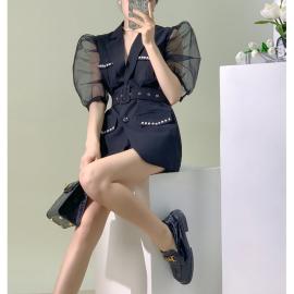 Hong Kong-style retro chic puff sleeve waist art high-end one-piece dress spring 2023 female foreign style