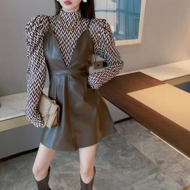 Suit women's autumn new puff sleeve high collar plaid bottoming shirt fashion leather strap dress two-piece set