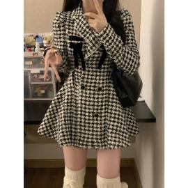 princess short skirt high-end bowknot houndstooth dress female spring and autumn slightly fat mm waist slimming