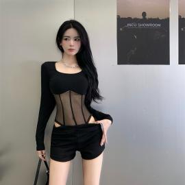 Korean version of the hot girl mesh one-piece T-shirt women's spring and autumn black long-sleeved square collar bottoming shirt with a short top for women