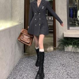 Preppy Style Suit Dress for Girls 2022 Spring Autumn JK Uniform Black Dress Woman Long Sleeve Sexy Pleated Dress