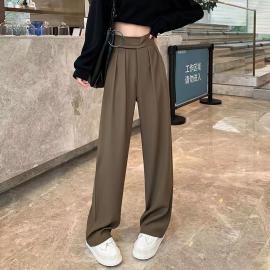 Brown Velcro Suit Pants Women's Spring and Summer High Waist Drape Lengthened Slim Straight Loose Casual Wide-leg Pants