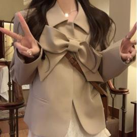 Japan and South Korea foreign trade single bow * suit I am so excited White water female solid color lapel slim suit jacket top