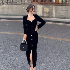 Autumn and winter thin temperament French mini dress square collar long sleeves high-end single-breasted button slim fit beautiful slit dress