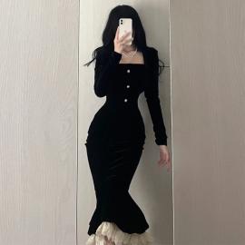 French Hepburn style temperament celebrity goddess fan high-end black velvet dress women's autumn and winter bag hip long skirt