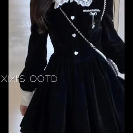 French Hepburn style black short dress women spring and autumn new lace stitching design waist tutu skirt