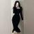 French Hepburn style temperament celebrity goddess fan high-end black velvet dress women