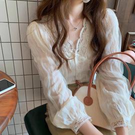 French temperament gentle v-neck chiffon lace small shirt women's spring sweet and chic fashion long-sleeved super fairy shirt top