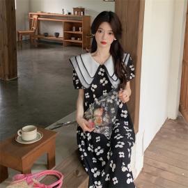 Summer double-layer doll collar flower dress female Korean version high waist puff sleeve temperament slim long skirt