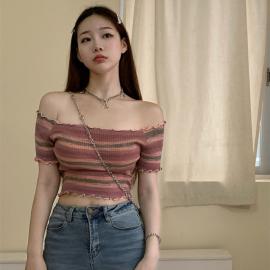 Summer new short sweet hot girl tie-dye one-shoulder short-sleeved T-shirt female ins trendy stripe slim top female